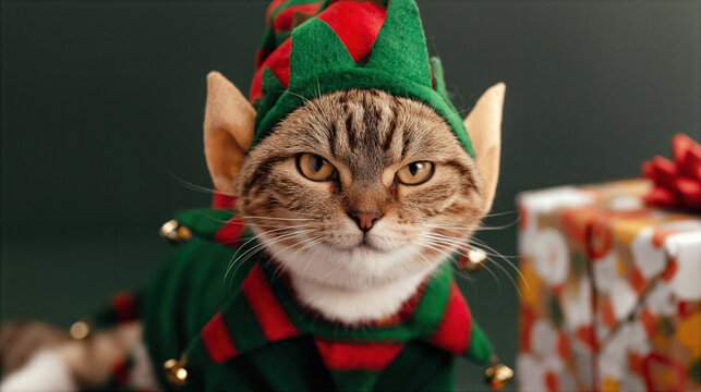 Cat with elf costume and gift box, festive holiday mood with green and red colors