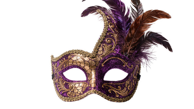 Ornate purple and gold Venetian masquerade mask with feathers, isolated on transparent background