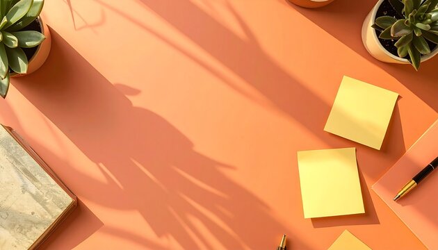 Flat lay orange desk with blank sticky notes succulent plants and pen productivity concept