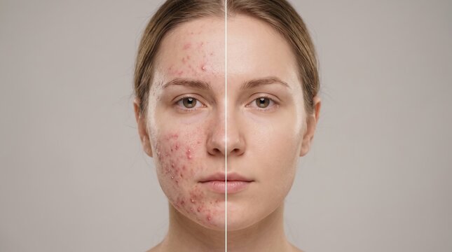 Split face portrait showing severe acne vulgaris on left side and clear skin on right