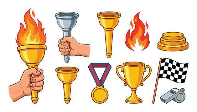 Sports championship victory vector set featuring hands holding flaming torches golden trophy cup winner medal race checkered flag whistle and podium icons