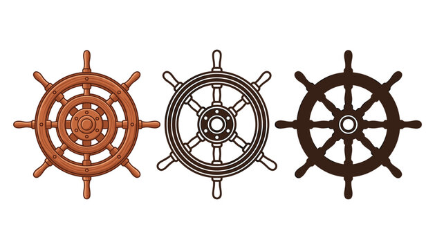 Ship wheel vector collection featuring realistic wood grain line art outline and solid black silhouette icon styles of a traditional nautical helm steering wheel