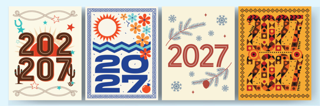 Four 2027 new year posters featuring western desert, summer sun, winter snow and tribal patterns