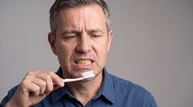 Middle aged man brushing teeth with visible yellow stains, looking concerned about dental health and oral hygiene, concept of teeth whitening and dental care