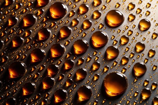 Macro view of golden hydraulic oil droplets on dark metallic surface. Liquid lubricant beads create shiny abstract patterns on steel plate. Close up texture shows fluid viscosity, industrial