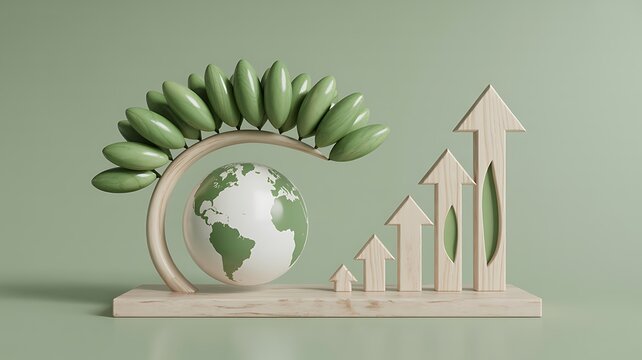 Environmental growth concept with globe, green leaves and rising arrows representing sustainable development