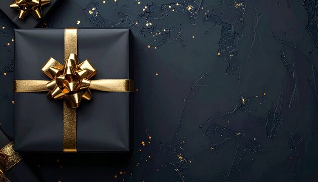 Luxury Black Gift Box with Golden Ribbon and Bow on Dark Textured Background Celebration Concept