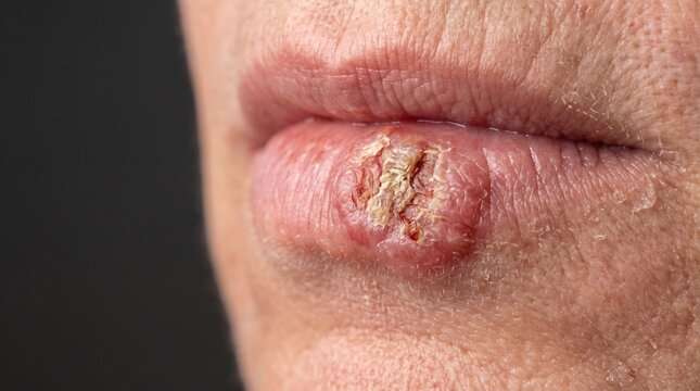 Cracked cold sore lesion and cheilitis on lower lip skin close up