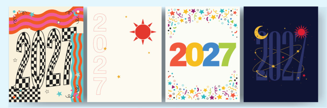 Set of four 2027 new year greeting card with geometric shapes, stars, and festive patterns