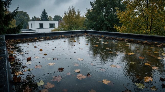 Ponding water with fallen leaves accumulates on flat roof after heavy rain. Residential building exterior shows blocked drainage creating moisture problem.