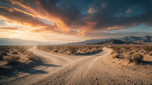 Dirt road splits into two paths in vast desert landscape at sunset. Dramatic clouds cover sky above dry mountains. Cinematic view of crossroads represents life choices, travel adventure, personal
