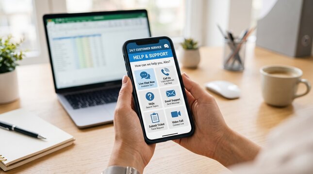 Customer service help and support application interface on smartphone screen, 24/7 live chat and email options, mobile communication technology, business person holding phone