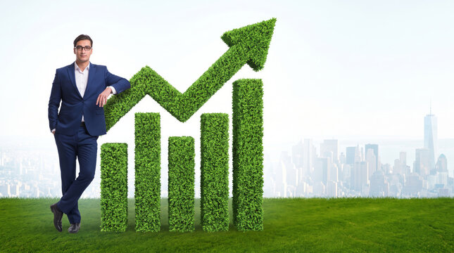 Carbon emission chart showing businessman beside green growth arrow city. green renewable energy sustainability. future management responsibility, graph report statistic analysis monitoring