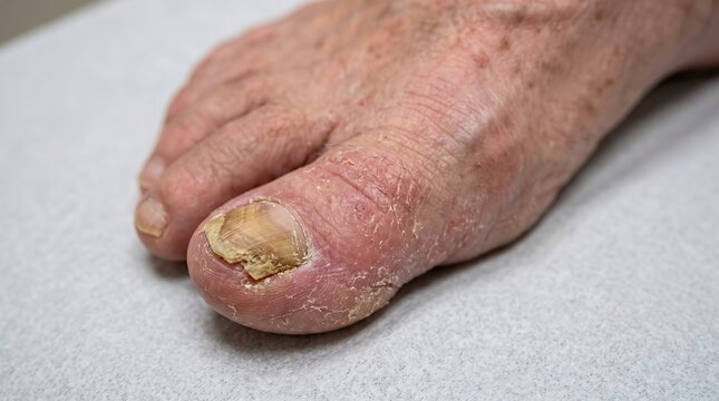 Severe toenail fungus onychomycosis causing nail dystrophy on senior big toe closeup