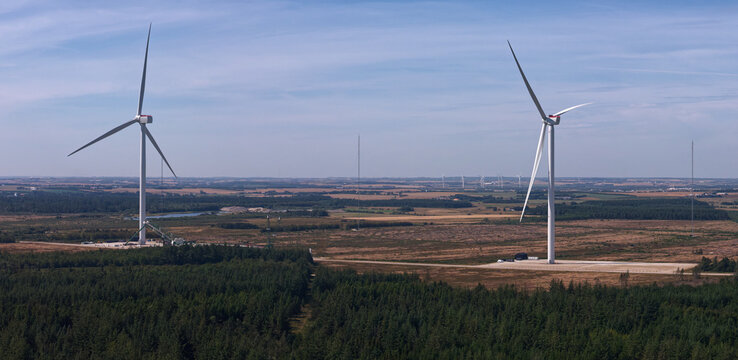 Osterild, Denmark - 14 August 2026: Aerial view of the Siemens Gamesa wind turbine prototype at the Osterild Test Centre, featuring massive blades and renewable energy infrastructure.