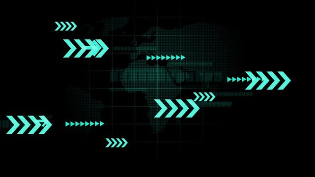 Dark tech background with glowing arrows moving right over a dotted world map animation