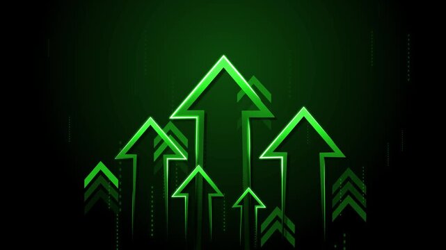 Glowing arrows pointing upward on dark gradient background animation, futuristic business growth concept, neon outlines and motion effects