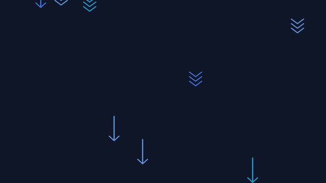 Set of blue arrows and chevron icons pointing down on a dark navy blue background