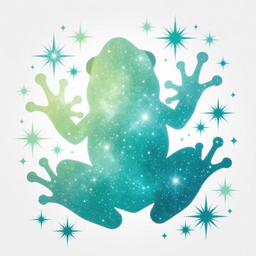 Whimsical frog silhouette filled with cosmic galaxy patterns. Pastel green, blue watercolor style with sparkling stars, magic glitters. Cute fantasy animal design for dreamy digital art, magical