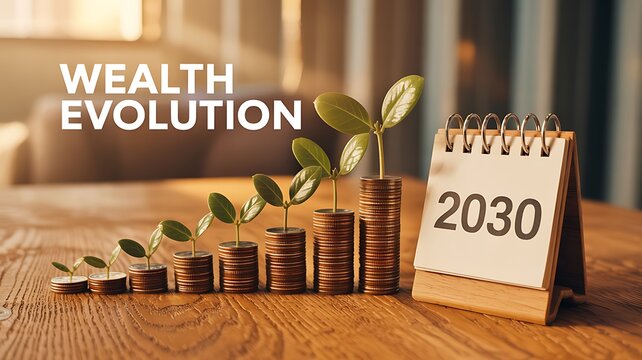 Wealth evolution concept with growing coins, plants and calendar showing financial growth toward 2030