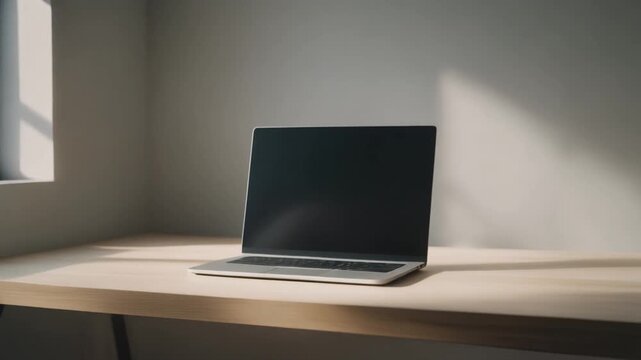 Modern laptop computer with blank screen on a wooden desk in a minimalist room with natural light