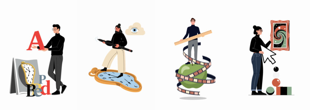 A set of surrealism-inspired flat illustrations featuring creative characters interacting with iconic art elements like melting clocks, green apples, and floating eyes.