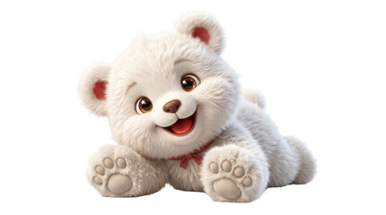 Fototapeta premium Adorable white teddy bear character, cute polar bear cub lying down, fluffy plush toy animal on white background