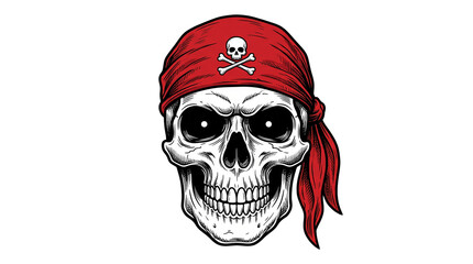 Obraz premium Pirate skull illustration with red bandana, menacing human skull head on white background, nautical outlaw mascot for apparel design