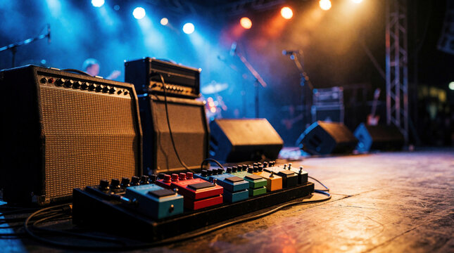 Stage setup with amplifiers and colorful effect pedals ready for a live music concert. Lighting creates a vibrant atmosphere for a band performance with sound equipment.