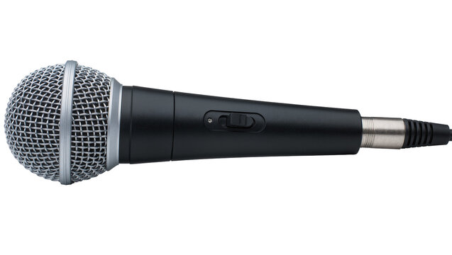 Black handheld microphone with silver grille and cable, isolated on transparent background