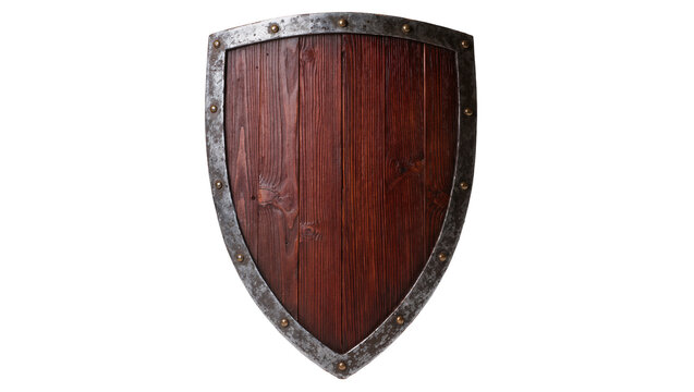 Medieval wooden kite shield with metal rim, isolated on transparent background