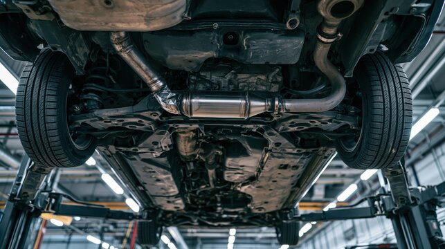 Exhaust System Underneath Car on Lift