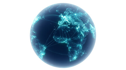 Obraz premium Digital global network globe with glowing blue data connections. Futuristic earth sphere representing international communication and technology. isolated PNG with Transparent Background