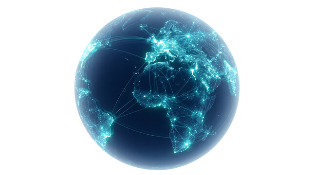 Digital global network globe with glowing blue data connections. Futuristic earth sphere representing international communication and technology. isolated PNG with Transparent Background