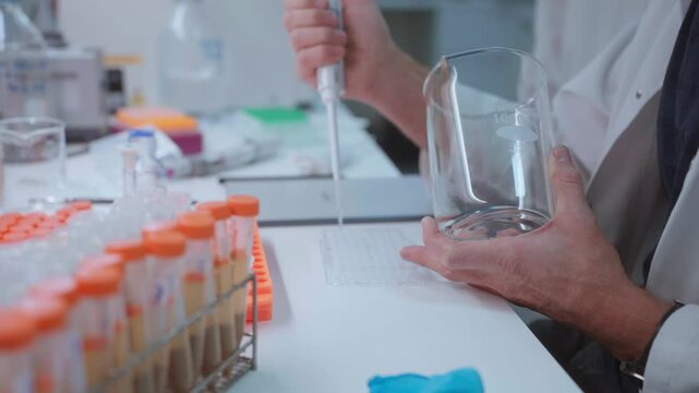 Scientist using micropipette to transfer liquid into multiwell plate for chemical analysis in research laboratory.