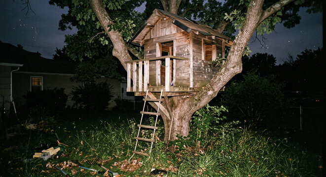 Wooden Backyard Treehouse Fort at Night Shot with Direct Flash Photography