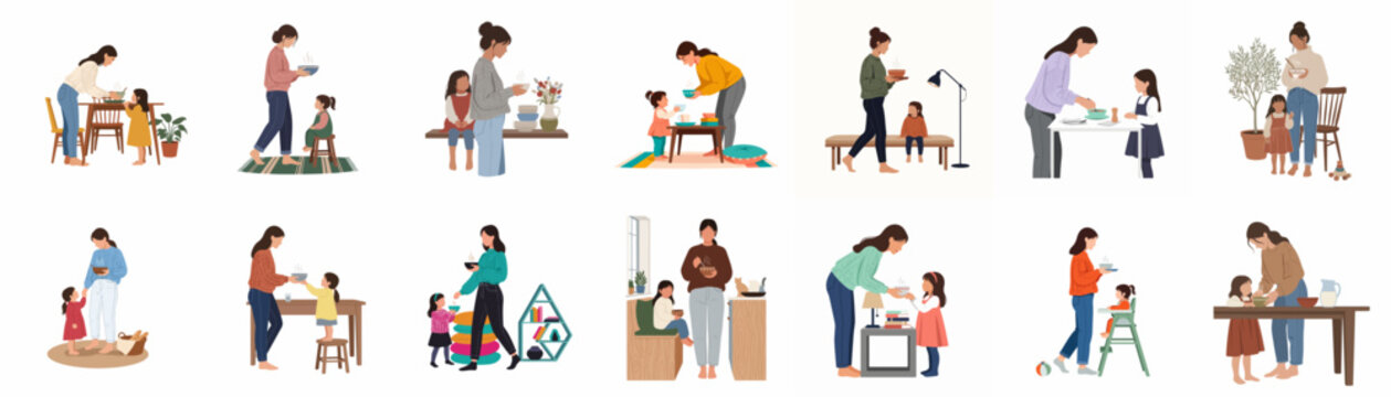 Illustration set of mothers and children engaged in various daily activities at home, such as cooking, playing, and gardening.
