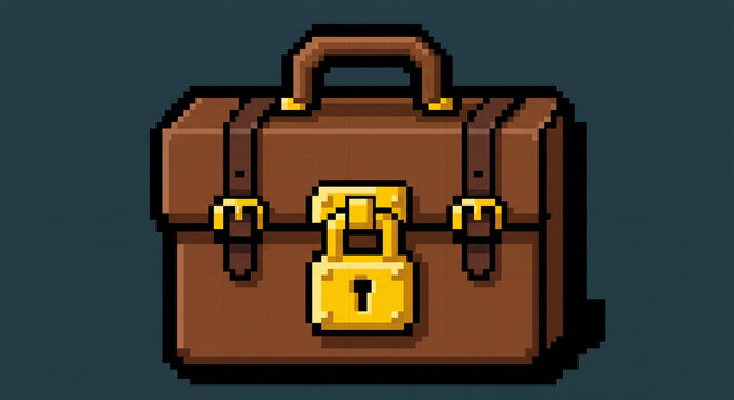Retro 8-Bit Pixel Art Brown Leather Briefcase Secured with a Large Gold Padlock