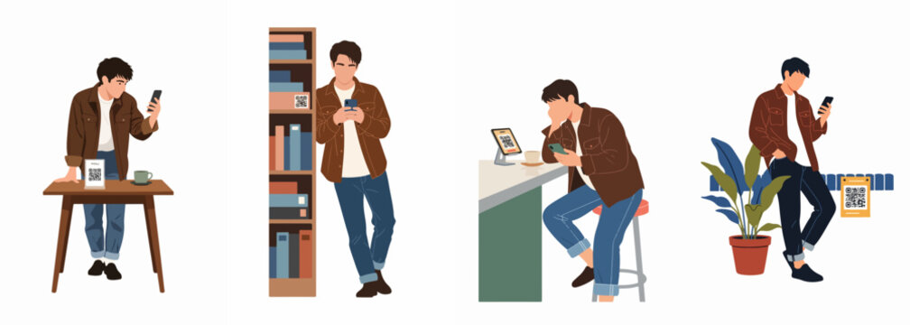 Set of vector illustrations of a young man using a smartphone to scan QR codes in various everyday settings like cafes and libraries.