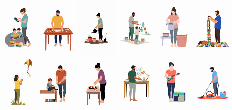 Vector illustrations of diverse people performing daily tasks, hobbies, and chores at home, including cooking, cleaning, gardening, and playing.