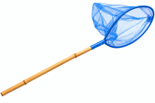 Blue butterfly net with bamboo handle isolated on white background perfect for summer activities and insect collection