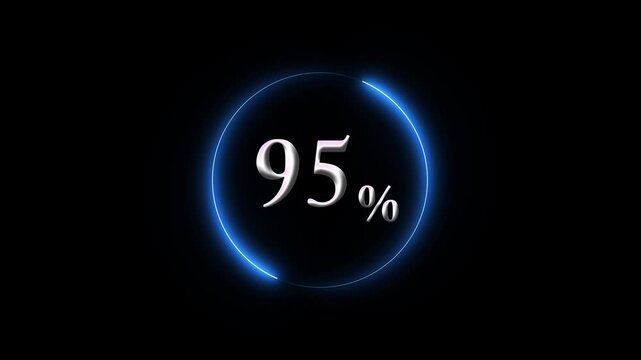 Neon blue circular loading progress bar animation with 95% percent counter, digital interface for ui ux and technology projects on black background 4k video