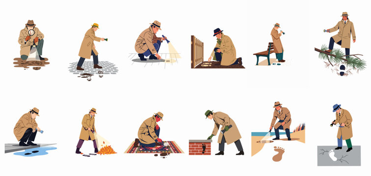 Set of flat illustrations featuring a private investigator in a trench coat and fedora, searching for clues and investigating different mystery scenes.