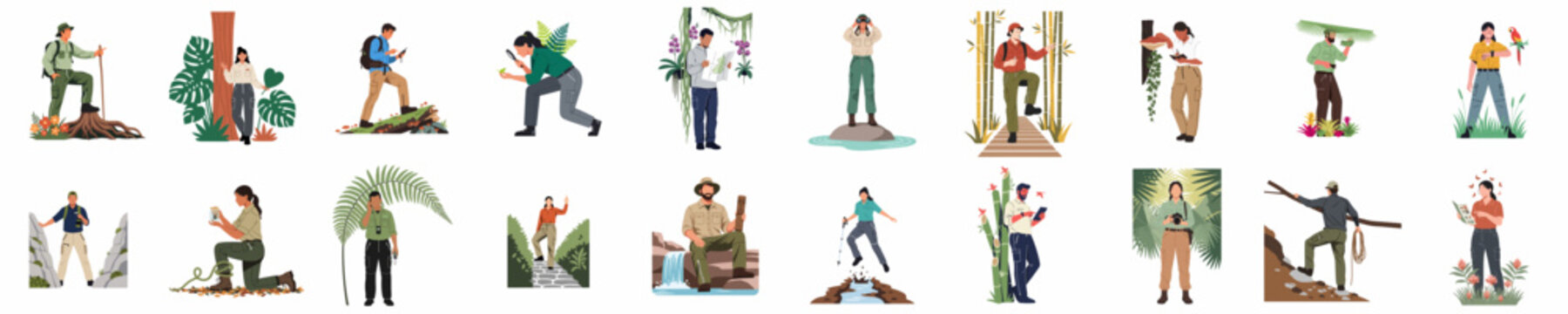 Collection of diverse people engaged in outdoor activities like hiking, environmental research, wildlife observation, and geological fieldwork in a flat illustration style.