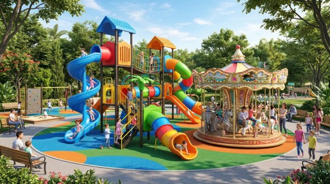 Vibrant childrens playground with slides and carousel on sunny day