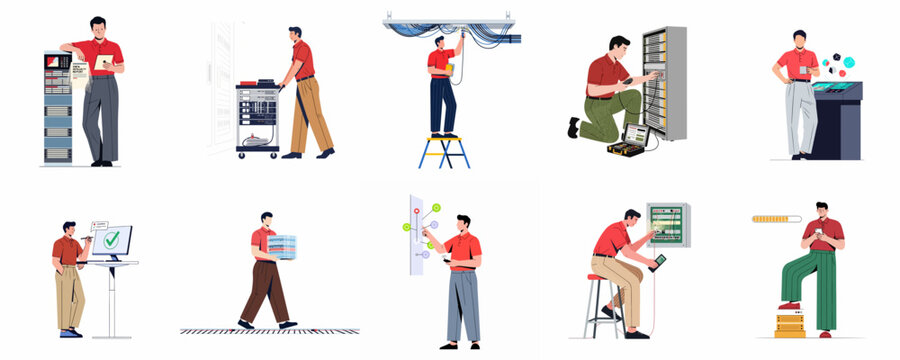 Set of Vector Illustrations Featuring a Professional Technician Working with Server Racks, Data Center Equipment, and IT Infrastructure Maintenance Scenarios.