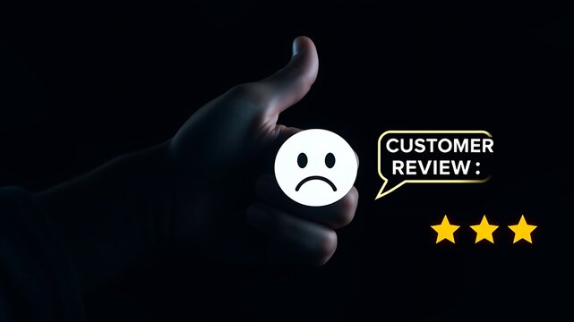 Sad face thumb down customer review with stars hand