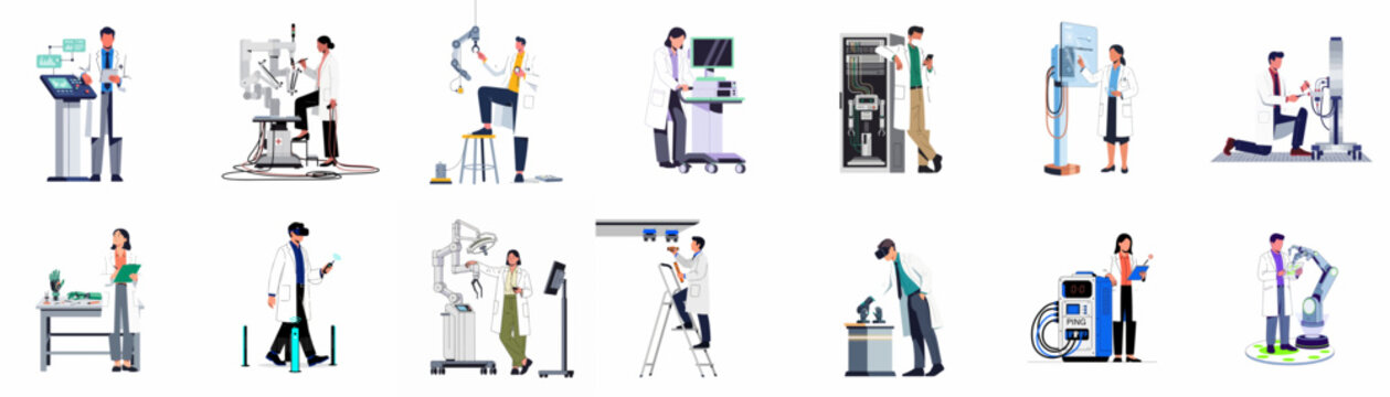 Set of Flat Vector Illustrations Featuring Medical Professionals and Scientists Operating Advanced Hospital and Laboratory Equipment for Healthcare and Research