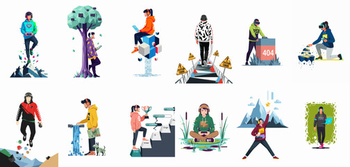 Fototapeta premium A diverse collection of flat vector illustrations featuring young characters interacting with technology, digital environments, success concepts, and various creative metaphors.