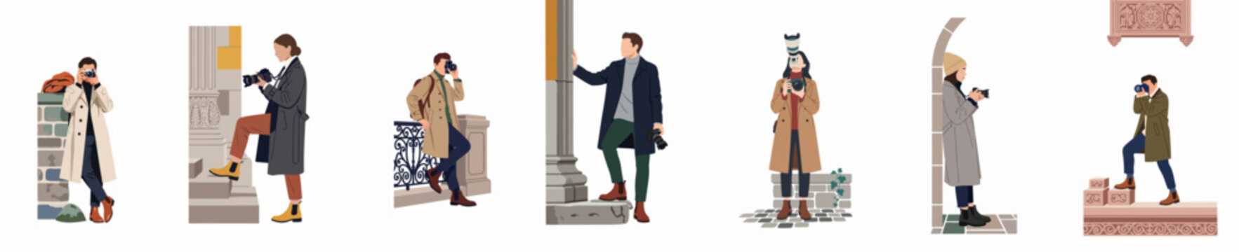 Collection of diverse people taking photos in urban settings, cutout architectural entourage for design visualization